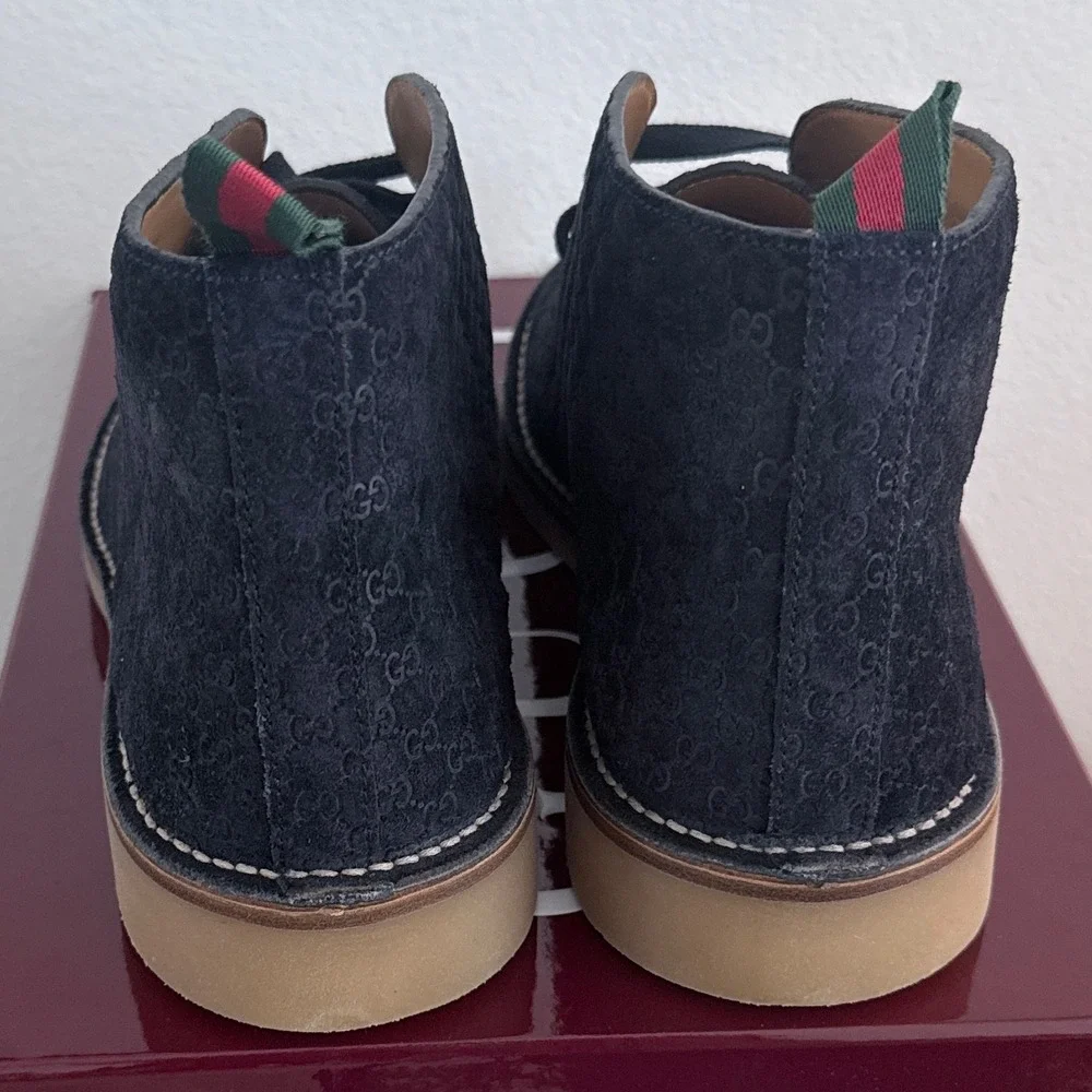 Gucci 831283 Moreau Navy Blue GG Monogram Suede Chukka Desert Boots Mens 10
